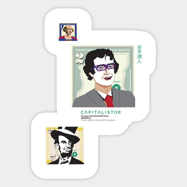 USD000014 - Thomas Jefferson miming with funny glasses Sticker by Capitalistor